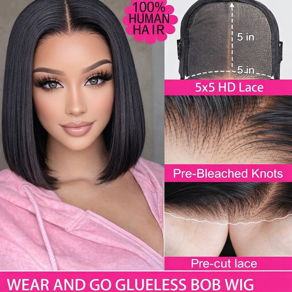 WEAR AND GO human hair bob 5*5 hair Pre cute pre cut  12 inches 250% density