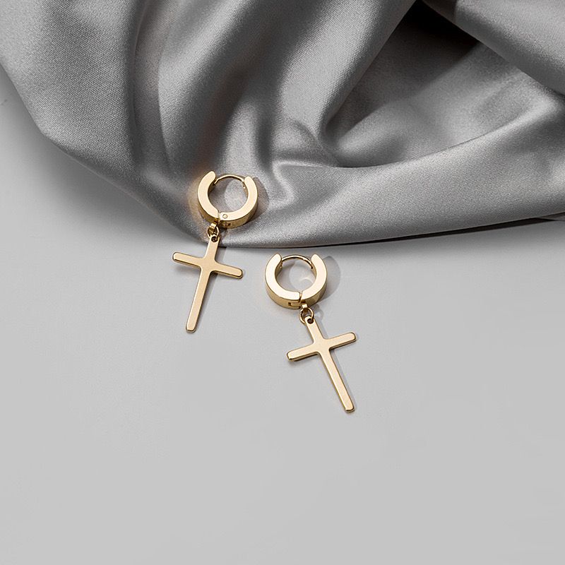 GOLD Earrings Cross 18 K Gold for Men and Women