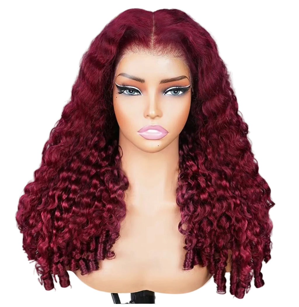 WEAR AND GO BURMESE CURLY BURGUNDY 250 % REAL HUMAN HAIR 5*5 14 INCHES PRE-CUT
