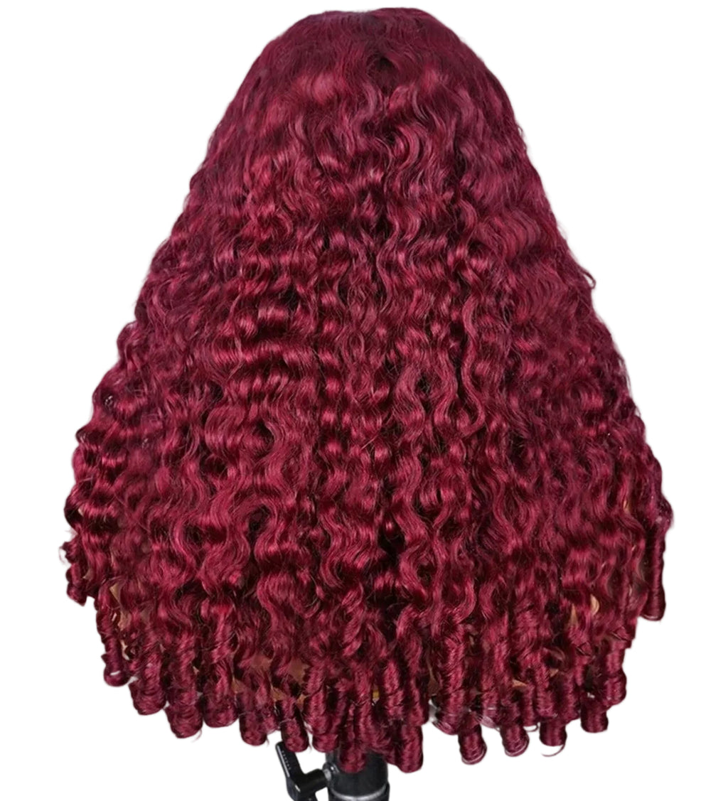 WEAR AND GO BURMESE CURLY BURGUNDY 250 % REAL HUMAN HAIR 5*5 14 INCHES PRE-CUT